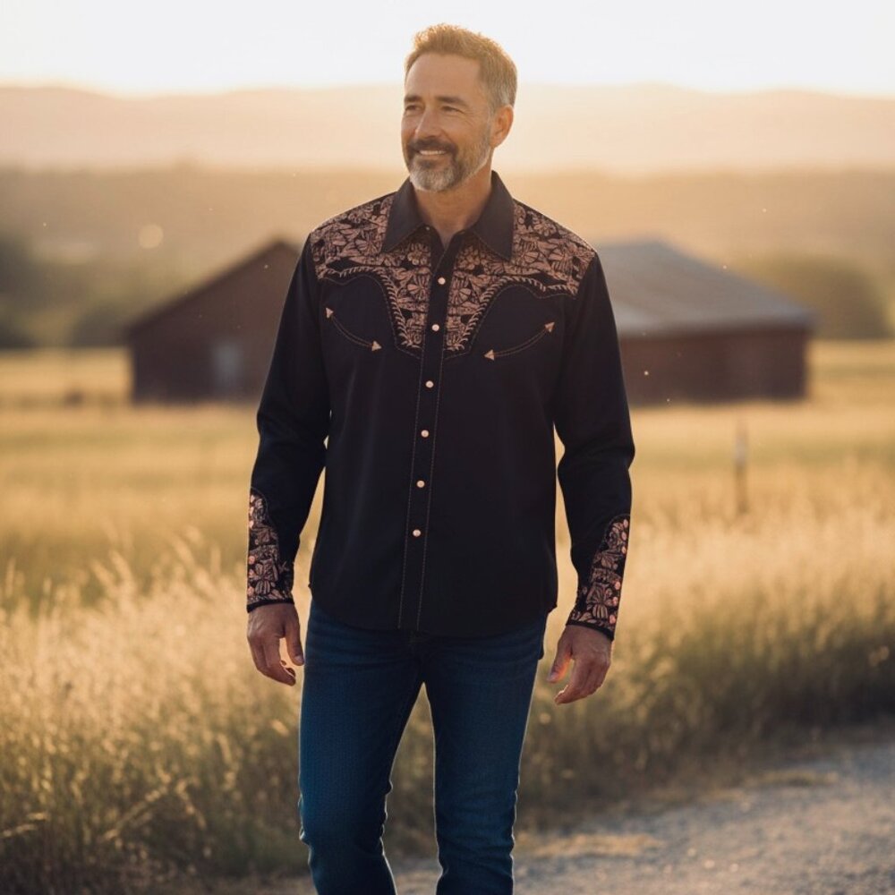 Scully Mens LS Embroidered Western Snap Front Shirt‎ Copper on Black